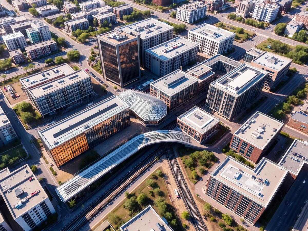 Vista aérea de masterplan urbano em torno de um corredor ferroviário